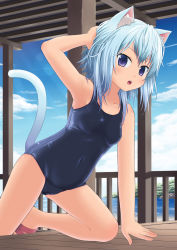 Rule 34 | 1girl, amamiya minato, animal ears, arm support, armpits, bad id, bad pixiv id, blue eyes, blue hair, blush, cameltoe, cloud, day, feet, full body, hand on own head, highres, matching hair/eyes, no socks, one-piece swimsuit, open mouth, original, sandals, school swimsuit, short hair, sky, solo, swimsuit, tail