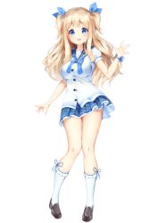 Rule 34 | 1girl, :d, blue bow, blue ribbon, blue sailor collar, blue skirt, blush, bow, bowtie, breasts, brown footwear, full body, hair ribbon, hand up, highres, kneehighs, loafers, long hair, looking at viewer, medium breasts, miniskirt, nyum, open mouth, original, petticoat, pigeon-toed, plaid, plaid skirt, puffy short sleeves, puffy sleeves, ribbon, ribbon-trimmed legwear, ribbon trim, round teeth, sailor collar, school uniform, serafuku, shirt, shoes, short sleeves, simple background, skirt, smile, socks, solo, standing, straight hair, teeth, thighs, two side up, white background, white shirt, white socks, wrist ribbon