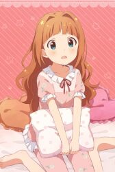 Rule 34 | 1girl, blush, brown hair, buchi (y0u0ri ), dot nose, floral print, frilled pajamas, green eyes, heart, heart-shaped pillow, idolmaster, idolmaster (classic), idolmaster million live!, idolmaster million live! theater days, long hair, looking at viewer, neck ribbon, hugging object, on bed, open mouth, pajamas, pillow, pillow hug, pink pajamas, polka dot pillow, print pajamas, red background, red ribbon, ribbon, short sleeves, sitting, solo, striped, striped background, takatsuki yayoi, twintails, wariza