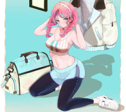 Rule 34 | 1girl, absurdres, arknights, arms up, asumi maboroshi, bag, bare arms, bare shoulders, blue background, blue eyes, blue poison (arknights), blue poison (shoal beat) (arknights), blue shorts, blush, braid, breasts, character name, choker, cleavage, closed mouth, clothes writing, commentary request, duffel bag, hairband, hands in hair, highres, jacket, unworn jacket, kneeling, leggings, long hair, looking at viewer, medium breasts, navel, official alternate costume, pink choker, pink hair, shoes, shorts, simple background, sneakers, solo, sports bra, stomach, twin braids, white footwear, white hairband, white jacket