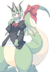 Rule 34 | 1girl, 4138, bow, dragon girl, dragon horns, dragon wings, female focus, green eyes, horns, monster girl, original, pointy ears, red bow, red eyes, simple background, solo, tail, tail bow, tail ornament, white background, wings
