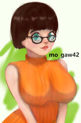 Rule 34 | 1girl, blue eyes, breasts, glasses, highres, large breasts, mo gaw42, scooby-doo, self-upload, short hair, smile, solo, velma dace dinkley, white background