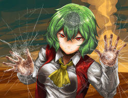 Rule 34 | 1girl, against glass, ascot, bad id, bad pixiv id, belko, breast press, breasts, breasts on glass, crack, face, female focus, fourth wall, glass, green hair, kazami yuuka, light smile, looking at viewer, medium breasts, orange eyes, red eyes, short hair, solo, touhou, vest