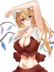 Rule 34 | 1girl, arm up, armpits, bad id, bad twitter id, blonde hair, bow, breasts, cleavage, collar, collarbone, collared shirt, crystal, flandre scarlet, frilled shirt collar, frills, hat, hat ribbon, kaeranu kaeru, large breasts, long hair, midriff, mob cap, navel, one-hour drawing challenge, one side up, open clothes, presenting armpit, red bow, red ribbon, red shirt, red skirt, ribbon, shirt, side ponytail, simple background, skirt, solo, touhou, white background, white collar, white hat, wings