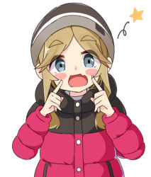 Rule 34 | 1girl, :d, beanie, black hat, blue eyes, blush stickers, brown hair, commentary request, down jacket, fang, fingers to cheeks, hat, inuyama akari, jacket, kapuru 0410, long hair, looking at viewer, open mouth, parted bangs, red jacket, short eyebrows, simple background, smile, solo, star (symbol), thick eyebrows, upper body, white background, yurucamp