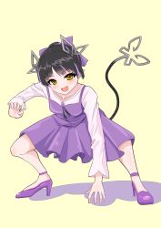 Rule 34 | 1girl, alternate hairstyle, black hair, blunt bangs, blush, breasts, claw pose, commentary request, cosplay, demon girl, demon horns, demon tail, dress, full body, gegege no kitarou, hair bun, high heels, highres, horns, kojo anna, looking at viewer, medium breasts, multicolored hair, nanashi inc., nekomusume, nekomusume (cosplay), open mouth, pinafore dress, pink shirt, pointy ears, purple dress, purple footwear, purple hair, robou no stone, shirt, short hair, sleeveless dress, smile, solo, squatting, sugar lyric, tail, two-tone hair, virtual youtuber, yellow background, yellow eyes