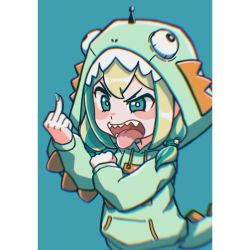 1girl, amano pikamee, angry, blonde hair, child, commentary, english commentary, eyebrows visible through hair, green eyes, hair between eyes, hand up, hood, hood up, long sleeves, middle finger, mojongsap28, open mouth, pocket, sharp teeth, solo, teeth, tongue, tongue out, two-tone background, upper body, v-shaped eyebrows, virtual youtuber, voms