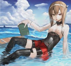 Rule 34 | 10s, 1girl, black thighhighs, blue sky, brown eyes, brown hair, cloud, day, emokakimasu, headband, kantai collection, looking at viewer, nipples, ocean, see-through, ship, sitting, sky, solo, taihou (kancolle), thighhighs, watercraft, wet, wet clothes