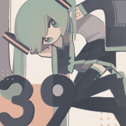 Rule 34 | 1girl, 39, against wall, bent over, black footwear, black skirt, boots, commentary, detached sleeves, feet against wall, fox kikumi, green eyes, green hair, green necktie, grey shirt, hand on own head, hand up, hatsune miku, long hair, looking at viewer, lowres, metadata pun, necktie, number tattoo, pleated skirt, shirt, shoulder tattoo, single sleeve past fingers, skirt, sleeveless, sleeveless shirt, solo, tattoo, thigh boots, twintails, uneven twintails, vocaloid, wide sleeves