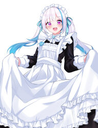 Rule 34 | 1girl, :d, alternate costume, apron, black shirt, blue hair, blush, brooch, collared shirt, cowboy shot, dot nose, enmaided, floating hair, frilled apron, frilled skirt, frills, highres, hoshino reiji, jewelry, lize helesta, long bangs, long hair, long skirt, long sleeves, looking at viewer, maid, maid headdress, multicolored hair, name tag, neck ribbon, nijisanji, open mouth, purple eyes, ribbon, shirt, sidelocks, simple background, skirt, skirt hold, smile, solo, teeth, twintails, two-tone hair, upper teeth only, virtual youtuber, white apron, white background, white hair, white ribbon, white skirt