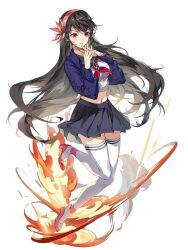 Rule 34 | 1girl, black hair, black skirt, blue jacket, closed mouth, fire, hand up, jacket, long hair, pink hair, sailor collar, sailor shirt, shirt, shoes, simple background, skirt, socks, solo, tower of god, very long hair, white background, white shirt, white socks, yeon yihwa