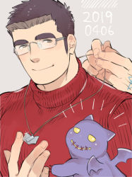 Rule 34 | 2boys, bara, blush, couple, creature, dated, glasses, jewelry, kijima hyogo, large pectorals, long sideburns, male focus, protagonist 3 (housamo), motoori shiro, multiple boys, muscular, muscular male, necklace, pectorals, red sweater, short hair, sideburns, smile, solo focus, spiked hair, sweater, thick eyebrows, tokyo houkago summoners, upper body, yaoi