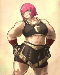 Rule 34 | 1girl, abs, bob cut, breasts, fingerless gloves, gloves, grey eyes, hand on own hip, highres, ironlily, large breasts, looking at viewer, marisa (street fighter), muscular, muscular female, pink hair, shorts, shorts under skirt, simple background, smile, solo, street fighter, street fighter 6, tank top, thick thighs, thighs