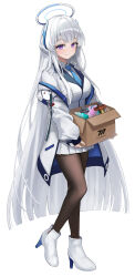 Rule 34 | 1girl, absurdres, black pantyhose, blue archive, blue necktie, blunt ends, blush, box, breasts, cardboard box, full body, grey hair, halo, high heels, highres, holding, holding box, jacket, jacket partially removed, large breasts, long hair, looking at viewer, multicolored clothes, multicolored jacket, necktie, noa (blue archive), pantyhose, pleated skirt, purple eyes, simple background, skirt, solo, ttusee5, two-tone jacket, very long hair, white background, white jacket, white skirt