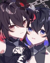 Rule 34 | 2girls, black hair, black hairband, blue eyes, blue hair, chain, close-up, dual persona, flower, hair between eyes, hair flower, hair ornament, hairband, honkai (series), honkai impact 3rd, karamaru626, looking at viewer, multiple girls, open mouth, parted lips, red eyes, red hair, seele (alter ego), seele vollerei, seele vollerei (stygian nymph), teeth, upper teeth only, white headwear