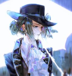 Rule 34 | 1girl, ascot, black coat, black hat, blue bow, blue brooch, blue ribbon, bow, chinese commentary, coat, collared shirt, commentary request, earrings, grey eyes, grey hair, hair bun, hat, hat bow, hat ribbon, idwuhtxyri, jewelry, parted lips, reverse:1999, ribbon, shirt, single side bun, solo, top hat, upper body, vertin (reverse:1999), white ascot, white shirt