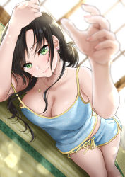 Rule 34 | 1girl, abe hikaru, absurdres, bare arms, bare shoulders, black hair, blue shorts, blush, breasts, camisole, cleavage, closed mouth, collarbone, commentary request, dolphin shorts, earrings, foreshortening, green eyes, heart, heart earrings, highres, hikaru (gevp7588), indoors, jewelry, large breasts, long hair, lying, mole, mole under eye, necklace, on side, original, shorts, smile, solo, strap slip, tatami