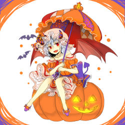 Rule 34 | &gt;:d, :d, bat (animal), bat wings, bow, brooch, commentary request, demon tail, dress, fang, frills, halloween, halloween costume, heart, heart tail, holding, holding umbrella, horns, jack-o&#039;-lantern, jewelry, mangetsu (yayoi), necklace, open mouth, parasol, patch, puffy short sleeves, puffy sleeves, pumpkin, purple ribbon, red eyes, red wings, remilia scarlet, ribbon, short hair, short sleeves, simple background, sitting, smile, solo, strapless, strapless dress, tail, touhou, umbrella, v-shaped eyebrows, wings