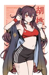 1girl ahoge arm_tattoo artist_logo black_nails black_ribbon black_shorts breasts brown_hair cleavage emu_(confisery) genshin_impact grin hair_ribbon highres hu_tao_(genshin_impact) leg_tattoo logo long_hair midriff navel red_eyes red_sports_bra red_wrist_cuffs ribbon shorts smile solo sports_bra sportswear symbol-shaped_pupils tattoo wrist_cuffs