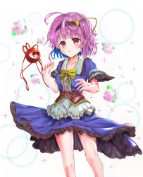 Rule 34 | 1girl, :o, absurdres, ahoge, alternate costume, apron, arms up, blue dress, bow, bowtie, breasts, collarbone, cropped legs, dress, feet out of frame, floating clothes, floral background, flower, frilled sleeves, frills, hair ornament, hairband, heart, heart hair ornament, highres, ikazuchi akira, komeiji satori, looking at viewer, petals, petticoat, pink flower, pink rose, pointy ears, puffy short sleeves, puffy sleeves, purple eyes, purple hair, rose, short hair, short sleeves, small breasts, solo, standing, third eye, touhou, underbust, waist apron, wide sleeves, yellow bow, yellow bowtie