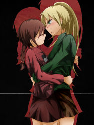Rule 34 | 2girls, blonde hair, blush, braid, brown hair, brown skirt, commentary request, closed eyes, face-to-face, facing another, green shirt, hair bobbles, hair ornament, hug, long sleeves, looking at another, madotsuki, multiple girls, open mouth, pink shirt, poniko, ponytail, shirt, silhouette, skirt, uekara5, yume nikki, yuri