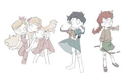 Rule 34 | 4girls, abigail (don&#039;t starve), aged down, bandaid, bandaid on face, bandaid on nose, bare legs, barefoot, bernie (don&#039;t starve), blank eyes, braid, brown sweater, child, collared dress, collared shirt, don&#039;t starve, dress, floating hair, flower, freckles, frown, full body, furrowed brow, green skirt, grin, hair flower, hair ornament, holding, holding hands, holding stick, holding stuffed toy, injury, jenny25424633, leaf, leaf on head, long sleeves, looking at viewer, low twintails, miniskirt, multiple girls, open mouth, overalls, pink flower, pink overalls, pink skirt, pleated skirt, puffy short sleeves, puffy sleeves, red hair, scratches, shirt, short sleeves, siblings, simple background, sisters, sketch, skirt, skirt hold, smile, standing, standing on one leg, stick, stuffed animal, stuffed toy, sweater, teddy bear, twin braids, twins, twintails, wendy (don&#039;t starve), white background, white shirt, wigfrid (don&#039;t starve), willow (don&#039;t starve)