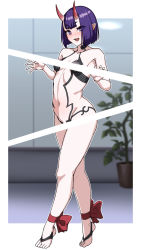 Rule 34 | 1girl, :d, ankle ribbon, barefoot sandals (jewelry), blush, bob cut, breasts, censored, claw pose, fate/grand order, fate (series), horns, leg ribbon, looking at viewer, muta poo, navel, nude, open mouth, petite, pointless censoring, purple eyes, purple hair, revealing clothes, ribbon, short hair, shuten douji (fate), skin-covered horns, small breasts, smile, solo, stirrup legwear, toeless legwear, toes