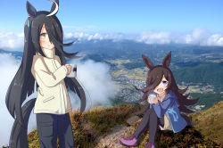 Rule 34 | 2girls, ahoge, animal ears, black hair, black legwear, blush, bow, bowtie, brown hair, cat, city, closed mouth, cloud, collared shirt, cup, ear piercing, forest, green eyes, hair over one eye, highres, holding, holding cup, hood, hooded jacket, horse ears, horse girl, horse tail, jacket, knees together feet apart, pantyhose under shorts, long hair, long sleeves, looking at viewer, manhattan cafe (umamusume), moss, mountain, mountainous horizon, multiple girls, nature, open mouth, pants, pantyhose, photo background, piercing, pink bow, pink footwear, pocket, purple eyes, rice shower (umamusume), shirt, shorts, sitting, sky, smile, standing, tail, umamusume, very long hair, winter clothes, wreath (a1b2c3d45)