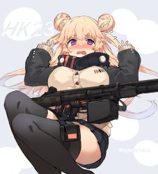 Rule 34 | 1girl, blonde hair, breasts, commentary request, facing viewer, flustered, ganesagi, girls&#039; frontline, gun, hair bun, highres, hk23 (girls&#039; frontline), jacket, large breasts, long hair, machine gun, miniskirt, side bun, single hair bun, single side bun, skirt, solo, thighhighs, weapon, white background