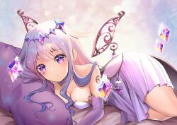 Rule 34 | 1girl, black corset, blush, breasts, bridal gauntlets, cleavage, colored inner hair, corset, crystal wings, dress, fake wings, grey hair, hololive, hololive english, koseki bijou, koseki bijou (1st costume), looking at viewer, mia mikhail, multicolored hair, pink hair, purple eyes, single bridal gauntlet, small breasts, solo, virtual youtuber, white bridal gauntlets, white dress, wings