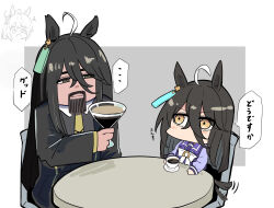 Rule 34 | ..., 1boy, 2girls, afterimage, agnes tachyon (umamusume), ahoge, animal ears, beard, black coat, black eyes, black hair, blunt ends, bow, bowtie, chair, chibi, coat, cocktail glass, coffee, colored inner hair, cup, drinking glass, earrings, facial hair, hair between eyes, highres, holding, holding cup, horse boy, horse ears, horse girl, horse tail, jewelry, kawamochi (tddm3573), long bangs, long hair, long sleeves, looking up, manhattan cafe (umamusume), multicolored hair, multiple girls, no mouth, original, personification, purple sailor collar, purple shirt, sailor collar, sailor shirt, saucer, school uniform, shirt, single earring, sitting, spoken ellipsis, sunday silence (racehorse), surprised, table, tail, tail wagging, tracen school uniform, translated, two-tone hair, umamusume, white bow, white bowtie, white hair, winter uniform, yellow eyes