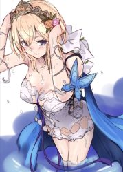 Rule 34 | 1girl, bad id, bad pixiv id, bare shoulders, blonde hair, blue eyes, blush, breasts, bug, butterfly, cleavage, closed mouth, collarbone, dress, europa (granblue fantasy), flower, from above, granblue fantasy, hair between eyes, hair flower, hair ornament, insect, kneehighs, looking at viewer, md5 mismatch, resolution mismatch, short hair, simple background, smile, socks, solo, thighhighs, tiara, wading, white dress
