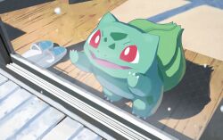 Rule 34 | absurdres, against glass, asteroid ill, bulbasaur, creature, creatures (company), game freak, gen 1 pokemon, glass door, highres, looking outside, nintendo, no humans, open mouth, pokemon, pokemon (creature), red eyes, rug, shadow, slippers, snow, snowing, solo, winter