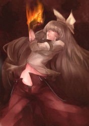 Rule 34 | 1girl, armband, belt, bow, breasts, buckle, burning, burnt, burnt clothes, fire, flaming hand, fujiwara no mokou, grey hair, hair bow, hair over eyes, long hair, navel, no panties, nose, numany, open fly, open pants, pants, small breasts, smile, smoke, solo, suspenders, touhou