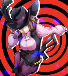 Rule 34 | 1girl, black feathers, black hat, black pantyhose, collared shirt, dress shirt, feathers, from above, gloves, hat, hat feather, hat ribbon, highres, holding, long sleeves, looking at viewer, nakano maru, okumura haru, pantyhose, pantyhose under shorts, persona, persona 5, pink shirt, puffy shorts, puffy sleeves, purple gloves, purple ribbon, purple shorts, ribbon, shirt, short shorts, shorts, solo, standing, wing collar
