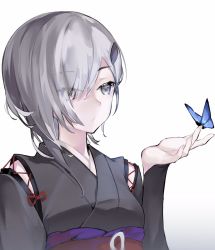 Rule 34 | 1girl, asymmetrical hair, blue butterfly, bug, butterfly, butterfly on hand, closed mouth, copyright request, grey eyes, grey hair, grey kimono, hand up, highres, insect, japanese clothes, kimono, long sleeves, medium hair, neko (ganecooo), obi, red sash, sash, simple background, solo, white background