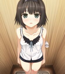 Rule 34 | 1girl, :o, absurdres, arishima alice, arms at sides, bare arms, bare shoulders, black hair, black hairband, black shorts, blue ribbon, blush, bra, breasts, brown hair, collarbone, cura, door, doorknob, floral print, frilled shirt, frills, from above, front-tie top, game cg, green eyes, hairband, highres, indoors, lace, lace-trimmed bra, lace-trimmed shirt, lace trim, legs together, looking at viewer, looking up, monobeno, open mouth, pink bra, ribbon, rug, see-through, shirt, short hair, short shorts, shorts, side slit, sleeveless, small breasts, solo, standing, striped bra, striped clothes, sweat, tank top, thighs, underwear, vertical-striped bra, vertical-striped clothes, white shirt, white tank top, wooden door, wooden floor, wooden wall