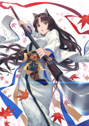 Rule 34 | 1girl, :o, alternate costume, animal ears, arknights, athrun1120, autumn leaves, black hair, breasts, brown eyes, commentary request, dog ears, feet out of frame, highres, holding, holding polearm, holding weapon, leaf, leaf print, long hair, long sleeves, looking at viewer, medium breasts, naginata, obi, open mouth, polearm, saga (arknights), sash, solo, standing, very long hair, weapon, white background, wide sleeves