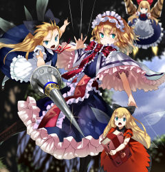 Rule 34 | 1girl, alice margatroid, apron, aqua eyes, blonde hair, blue dress, blurry, boots, capelet, cross-laced footwear, day, depth of field, doll joints, dress, drill, expressionless, fang, foreshortening, frilled skirt, frilled sleeves, frills, glint, grimoire of alice, hairband, highres, joints, knee boots, lance, lolita hairband, long hair, looking at viewer, mary janes, nuqura, open mouth, outdoors, pantyhose, polearm, puppet strings, red ribbon, ribbon, shanghai doll, shoes, short sleeves, skirt, touhou, waist apron, weapon, white pantyhose, wings