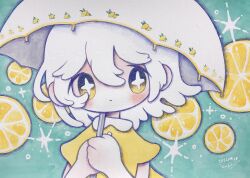 Rule 34 | 1girl, aqua background, artist name, blush, buttons, closed mouth, commentary request, dated, dated commentary, dress, food, fruit, fruit background, hands up, highres, holding, holding umbrella, lemon, lemon print, lemon slice, light smile, looking at viewer, medium hair, no nose, original, parasol, print umbrella, short sleeves, solo, sparkle, traditional media, umbrella, upper body, white umbrella, wind, yellow dress, zukky000