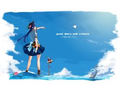 Rule 34 | 1girl, black hat, blouse, blue bow, blue dress, blue hair, blue skirt, book, bottle, bow, cloud, cloudy sky, day, dress, english text, food, from behind, fruit, hat, hinanawi tenshi, holding, large bow, long hair, message in a bottle, peach, red eyes, shirt, signpost, skirt, sky, solo, tetsurou (fe+), touhou, translation request, wading, water, white shirt, wind