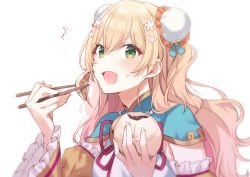 Rule 34 | 1girl, baozi, blonde hair, blush, breasts, bun cover, chinese clothes, detached sleeves, double bun, dumpling, eating, fang, flower, food, frilled sleeves, frills, green eyes, hair between eyes, hair bun, hair flower, hair ornament, holding, holding food, hololive, jiaozi, long hair, looking at viewer, momosuzu nene, momosuzu nene (old design), open mouth, skin fang, solo, surprised, sweatdrop, tomari (veryberry00), v-shaped eyebrows, virtual youtuber, wide sleeves