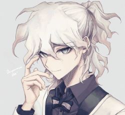Rule 34 | 1boy, aji kosugi, anniversary, bow, bowtie, commentary request, danganronpa (series), danganronpa 10th anniversary costume, danganronpa 2: goodbye despair, formal, grey background, hair between eyes, highres, huge filesize, komaeda nagito, long sleeves, male focus, official alternate costume, ponytail, silver hair, simple background, solo, suit, upper body