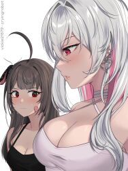 Rule 34 | 2girls, ahoge, animal, animal on head, bandaid, bandaid on cheek, bandaid on face, black camisole, blush, borrowed character, breast envy, breasts, brown hair, bug, camisole, cleavage, ear piercing, earrings, highres, insect, jewelry, large breasts, long hair, looking at another, looking at breasts, medium breasts, meme, mole, mole on breast, mole under eye, moth, multicolored hair, multiple girls, multiple moles, on head, original, parted lips, girl staring at guys chest (meme), piercing, pink hair, red eyes, shirt, simple background, sleeveless, spaghetti strap, sweatdrop, two-tone hair, upper body, vickie (cryingrobot), vickie (cryingrobot) (character), vivi (vitaminechan), white background, white hair, white shirt