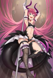 Rule 34 | absurdres, alternate costume, armpits, blue eyes, breasts, candle, candlelight, dragon girl, dragon horns, dragon tail, elizabeth bathory (fate), elizabeth bathory (fate/extra ccc), fate/extra, fate/extra ccc, fate/grand order, fate (series), frills, high heels, highres, horns, long hair, navel, negative cha09, pink hair, pointy ears, pole, scales, slit pupils, small breasts, smile, solo, stripper pole, tail, thighs, very long hair
