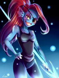 Rule 34 | 1girl, alternate hair length, alternate hairstyle, arrow (projectile), black shirt, blue skin, colored sclera, colored skin, denim, energy spear, energy weapon, eyepatch, fins, grin, hand on own hip, head fins, long hair, looking at viewer, monster girl, polearm, ponytail, red hair, sharp teeth, shirt, sleeveless, sleeveless shirt, smile, solo, spear, tank top, teeth, undertale, undyne, very long hair, weapon, wiki234, yellow sclera