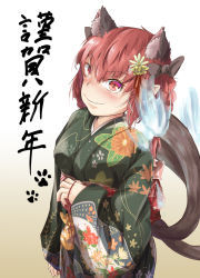 Rule 34 | 1girl, animal ears, black ribbon, blue fire, blush, braid, cat ears, cat girl, cat tail, extra ears, fang, fang out, fire, floral print, flower, green kimono, hair flower, hair ornament, hair ribbon, highres, holding, japanese clothes, kaenbyou rin, kimono, looking at viewer, mahimaru, multiple tails, obi, paw print, pointy ears, red eyes, red hair, ribbon, sash, simple background, smile, solo, tail, touhou, two tails, yukata