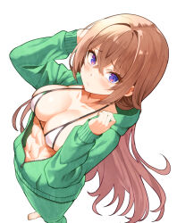 1girl abs barefoot bikini blush breasts brown_hair cleavage closed_mouth commentary_request crossed_bangs from_above green_jacket green_pants hair_between_eyes highres jacket large_breasts long_hair murata_taichi navel original pants partially_unzipped purple_eyes simple_background standing swimsuit track_jacket track_pants track_suit white_background white_bikini zipper