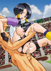 Rule 34 | 1boy, 1girl, anal, audience, bald, bike shorts, black hair, breasts, censored, clothes lift, cum, dragon ball, fingerless gloves, gloves, hetero, large breasts, looking at viewer, open mouth, public indecency, rape, sex, shirt, shirt lift, t-shirt, torn clothes, twintails, umedama nabu, videl