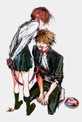 Rule 34 | 1boy, 1girl, absurdres, black skirt, blonde hair, blood, blood on clothes, bowl, braid, braided ponytail, chainsaw man, denji (chainsaw man), gakuran, hair over one eye, highres, holding, holding leash, intestines, leash, looking at viewer, looking back, makima (chainsaw man), medium hair, mkmwyydlp, nosebleed, open mouth, red hair, ringed eyes, school uniform, sharp teeth, shirt, short hair, simple background, skirt, smile, squatting, teeth, tongue, tongue out, white background, white shirt, yellow eyes
